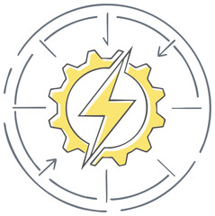 Energy process workflow icon with a yellow gear and lightning bolt illustration