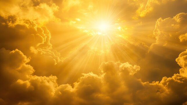 A radiant sun breaking through golden clouds, creating a warm and uplifting atmosphere.