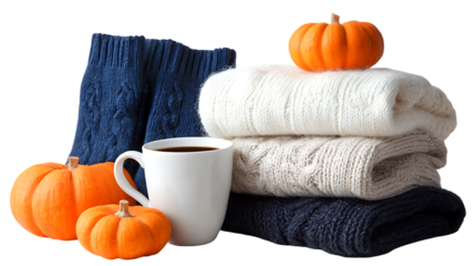 Cozy autumn scene with sweaters, pumpkins, and hot drink isolated on transparent background