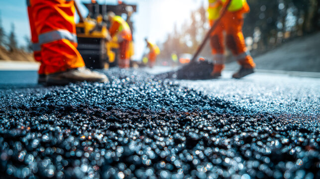 Workers paving a road with fresh asphalt in bright daylight