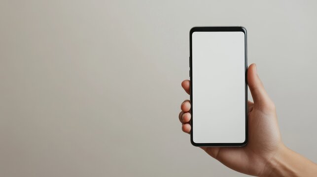 A hand holding a smartphone with a blank screen against a neutral background.