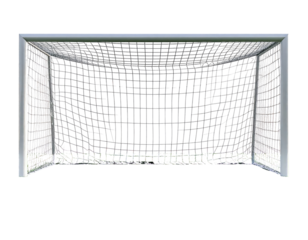 Soccer goal graphic, top-down view.  Gray metal frame, white netting,  simulated grassy field