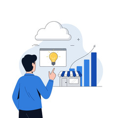Man pointing at a screen with a lightbulb and business growth chart