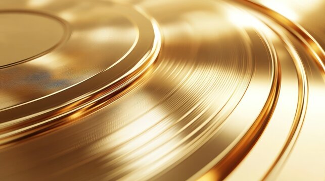 Close-up of a shiny golden vinyl record showcasing grooves and reflections.