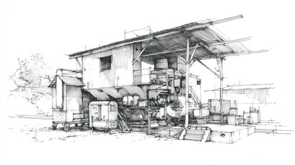 Obraz premium Grayscale industrial building drawing