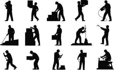Silhouettes of workers carrying boxes, lifting stairs, sweeping floors, cleaning, moving items, manual labor, industrial work, construction, maintenance, professional work, labor force