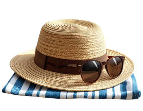Summer Hat and Sunglasses on Beach Towel PNG