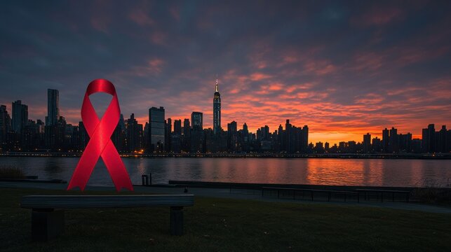 A red ribbon symbolizes awareness against a backdrop of a city skyline at sunset.