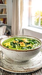 Creamy green soup in a bowl