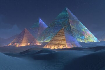Glowing Pyramids At Night In Desert Landscape