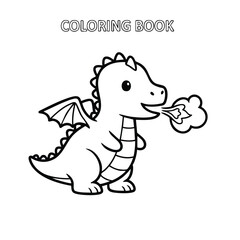 Obraz premium Cute cartoon dragon breathing fire in a simple black and white coloring book style illustration for children