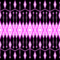abstract seamless pattern
A seamless pixel-art pattern in neon pink geometric tribal style features symmetrical diamond-shaped motifs, vertical arrows, and angular lattice structures on a solid black 