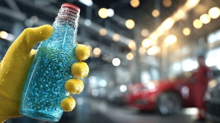 Hand Holding A Blue Sparkling Cleaning Bottle In A Workshop