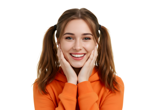 Excited Young Woman With Pigtails Smiles Happily Holding Her Cheeks Against A White Background