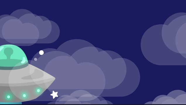 Animated vector of a UFO flying in the night sky with clouds