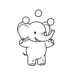 Obraz premium Cute cartoon elephant juggling three balls with a happy expression in a simple black and white line drawing style