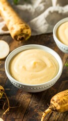 Creamy, light-yellow puree in bowls, with root vegetables