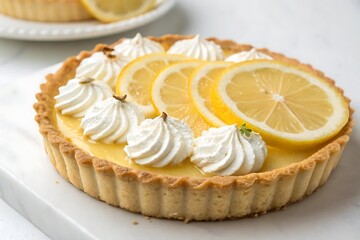 Lemon tart with whipped cream and lemon slices on top