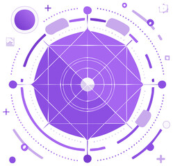 Abstract futuristic tech diagram with geometric shapes and circular user interface elements