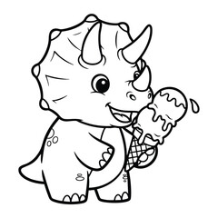Fototapeta premium Cute cartoon triceratops dinosaur happily holding and licking a melting double scoop ice cream cone illustration