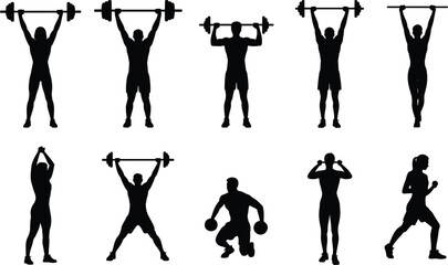 Silhouettes of men and women weightlifting, exercising, fitness training, strength building, dumbbells, barbells, healthy lifestyle, powerlifting, workout routine,