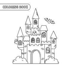 Fototapeta premium Black and white line art of a spooky haunted castle with ghosts and a flying bat for a coloring book page