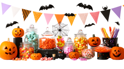 Halloween candy and decorations isolated on transparent background