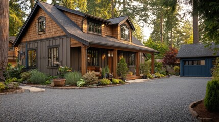 Fototapeta premium Charming Country Home Exterior with Natural Wood Accents and Gravel Driveway Amidst Lush Greenery
