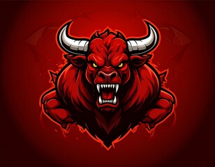 Ferocious Red Bull Mascot with Sharp Horns and Fiery Demeanor Design