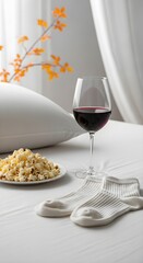 Image of super premium photo of a cozy scene on a bed with a glass of red wine, a plate of popcorn, and white socks, with a soft pillow and a decorative branch in the background