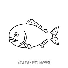 Simple black and white line drawing of a cartoon fish suitable for children's coloring books and educational activities