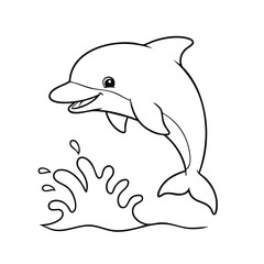 Fototapeta premium Black and white line drawing of a happy dolphin jumping out of water with splash in a simple cartoon style
