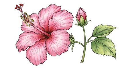 Exquisite Pink Hibiscus Bloom and Bud: A Botanical Watercolor Illustration