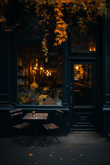 Cozy autumn fall café exterior with warm lights, yellow leaves and small table, dark mood