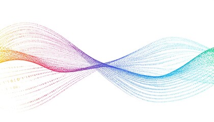 Wavy flow of binary data. Gradient colors. White background. Abstract, futuristic digital stream
