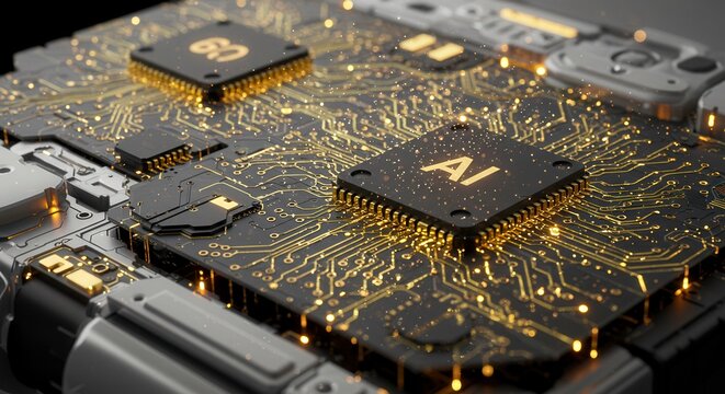 Hyper-realistic render: robotic arm internal circuits glowing with quantum dot arrays and nano-scale AI chips. Future computing.