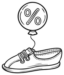 Cartoon Shoe with Discount Balloon Concept for Retail Sales Event Black and White Line Art