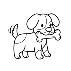 Fototapeta premium Cute cartoon puppy holding a bone in its mouth with wagging tail in a simple black and white line drawing