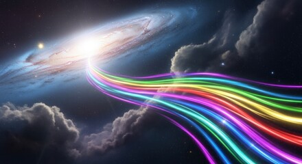 Multicolored, flowing rainbows emanate from a bright galactic center, soaring through a night sky filled with distant stars and clouds.