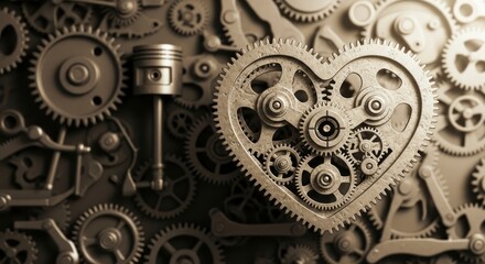The Clockwork of Affection: A Metallic Heart Gear Amidst Industrial Machinery