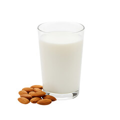 Glass of almond milk with raw almonds, perfect for healthy drink, vegan, dairy free, and organic food design projects. isolated on white or transparent background.PNG format.