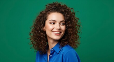 Radiant Smile of a Curly-Haired Woman in Vibrant Blue Against a Green Backdrop