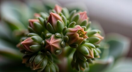 Close-up view of a cluster of succulent plant buds, showcasing delicate pink-hued blossoms in a grouping of vibrant green leaves.