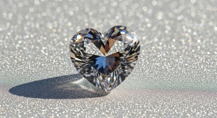 Pristine Heart-Shaped Diamond Casting a Shadow on a Sparkling Silver Bokeh Background