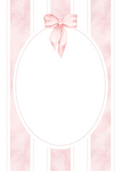 It's a girl. Watercolor hand-drawn charming frame with pink and white striped, white circle and pink bow. Template card for design baby shower, gender reveal party and nursery.