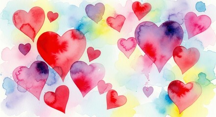 A Tender Cascade of Red, Pink, and Purple Watercolor Hearts on a Colorful Wash
