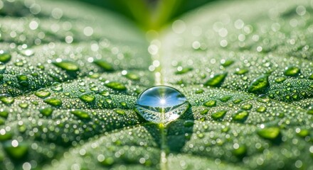 A close-up view of a water droplet on a lush green leaf, showcasing intricate details of the textures and reflections.