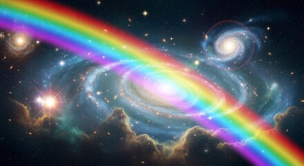 A vibrant rainbow spans across a cosmic landscape of swirling galaxies and shining stars.