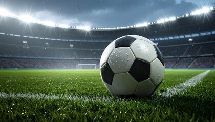 Rainy Night Football Stadium: Soccer Ball on Pitch