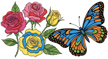 Vibrant floral design featuring a cluster of roses and a detailed butterfly, showcasing rich colors and intricate detailing.